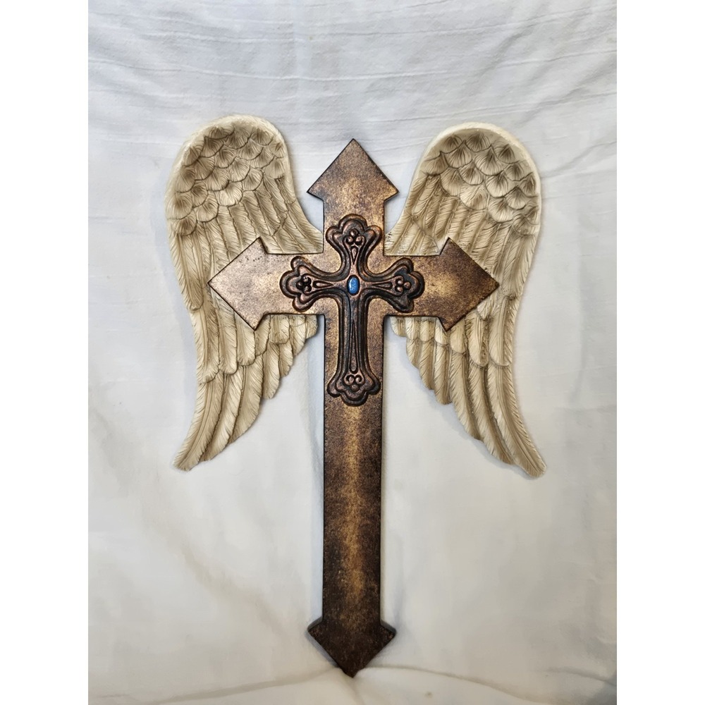 14" Angel Wings Wall Cross Resin Christian Religious Decor Bronze Cream Wall Art